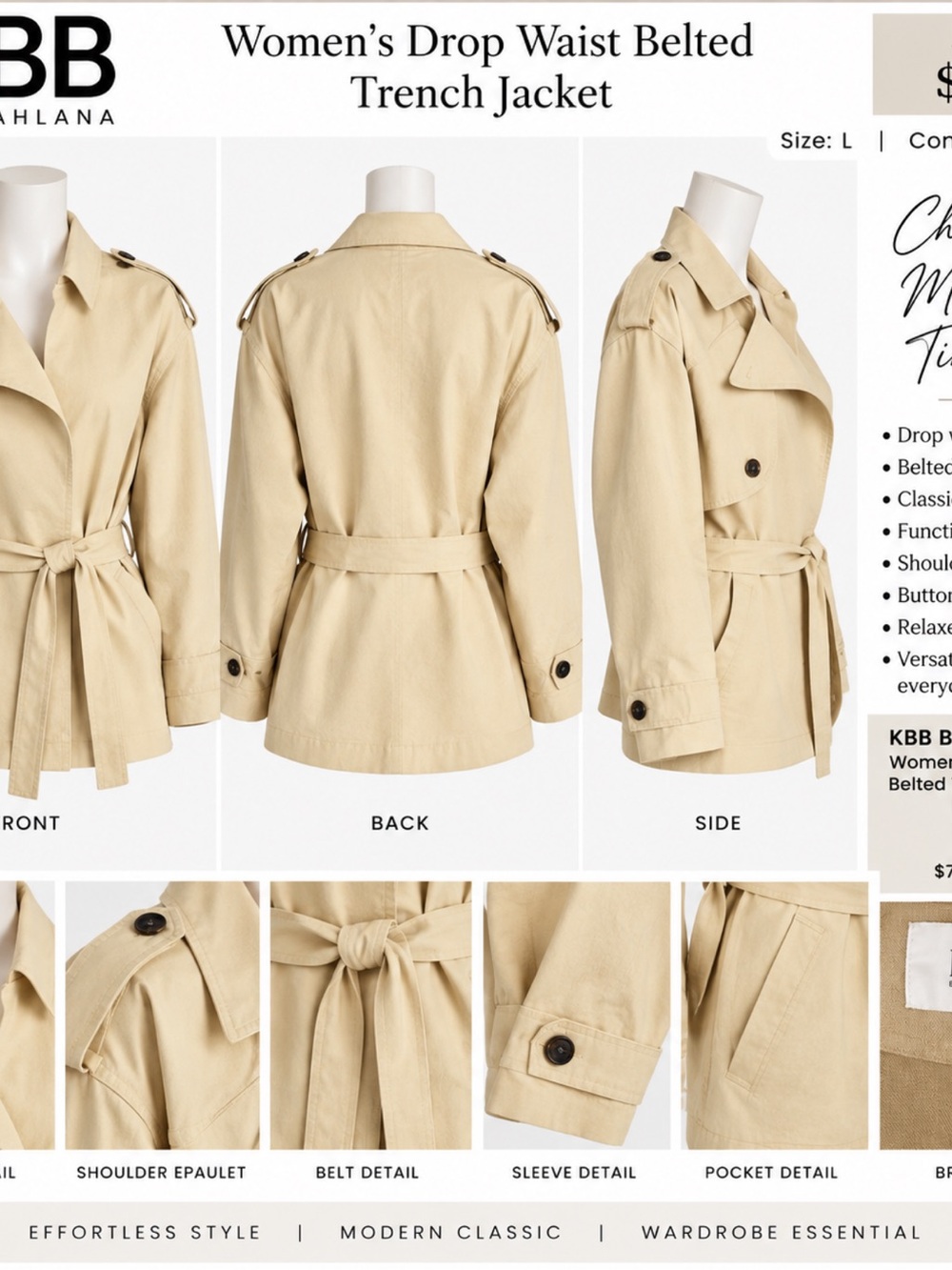 KBB by KAhlana Beige Belted Drop-Waist Trench Coat